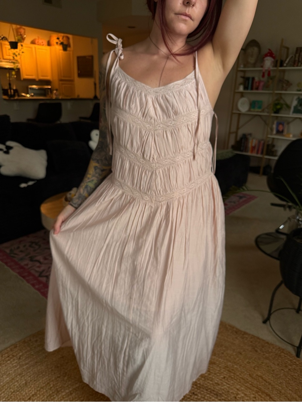 Light Blush Tiered Maxi Dress with Tie Straps